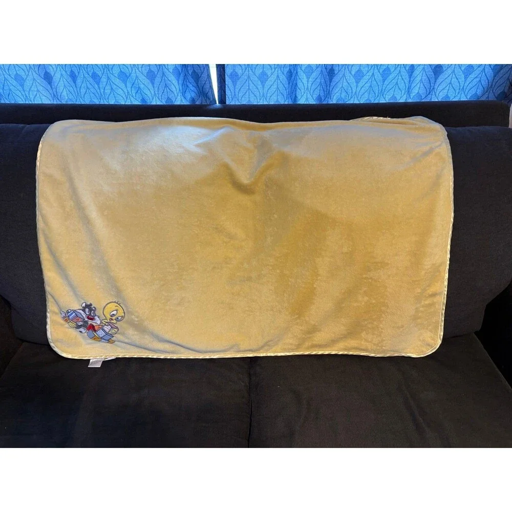 Baby Looney Tunes Vintage Satin Trim Embroidered Tweety Sylvester Blanket yellow